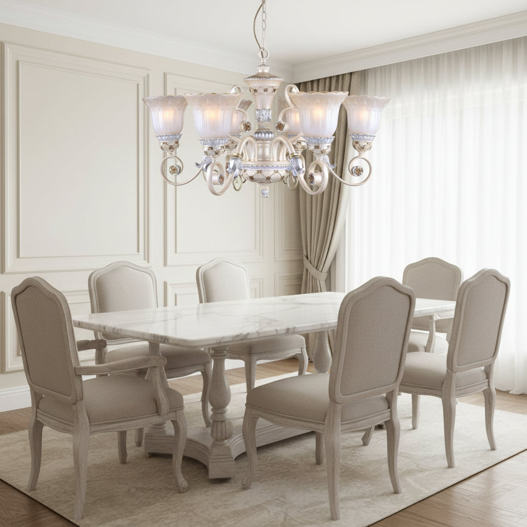 6-Light Traditional Chandelier with White Glass Shades and Decorative Metal Frame