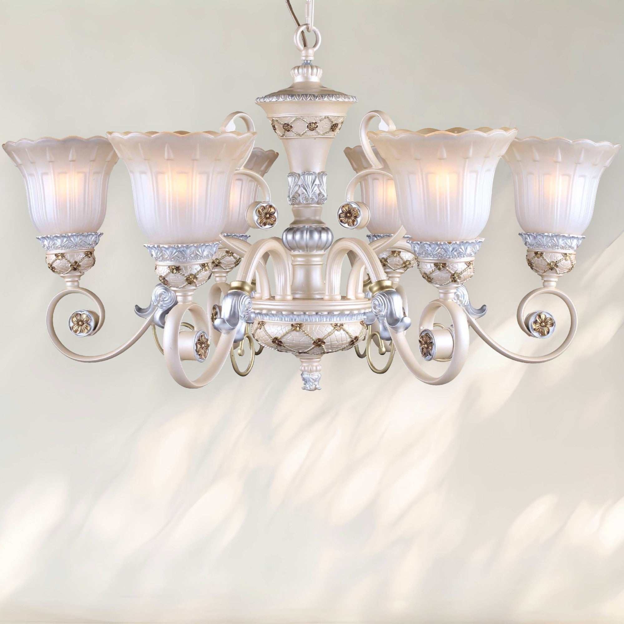 6-Light Traditional Chandelier with White Glass Shades and Decorative Metal Frame
