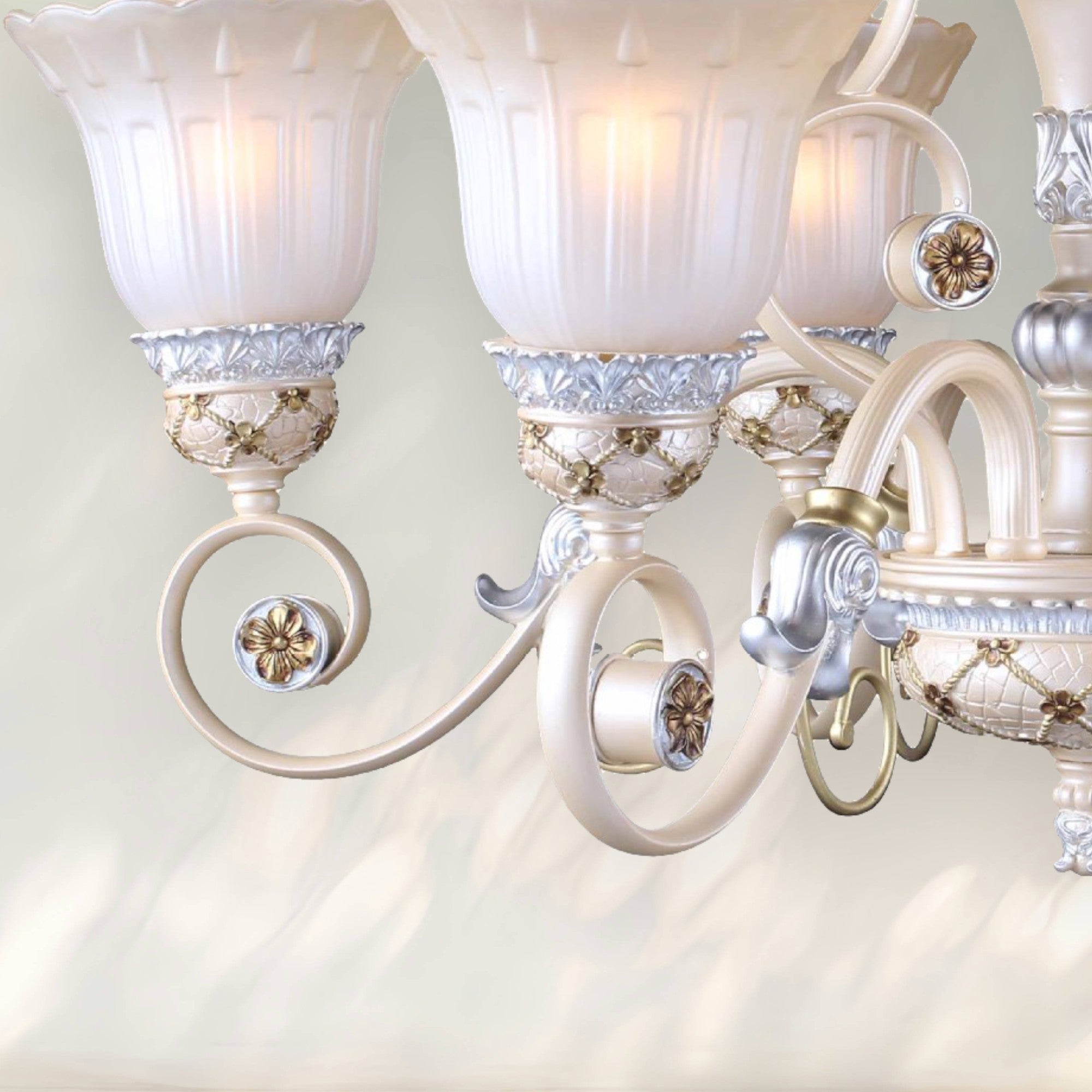 6-Light Traditional Chandelier with White Glass Shades and Decorative Metal Frame