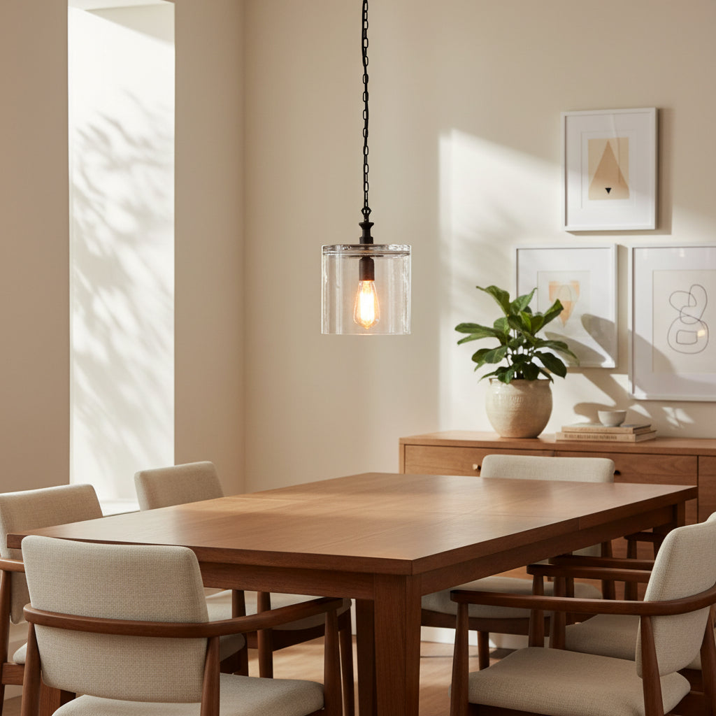 Modern Pendant Light with Clear Glass Shade and Black Metal Chain