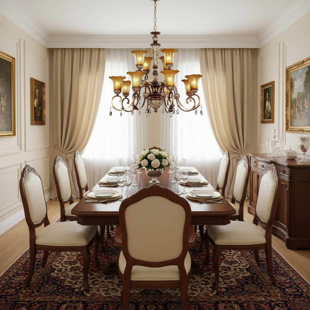 9-Light Traditional Chandelier with Amber Glass Shades and Metal Frame