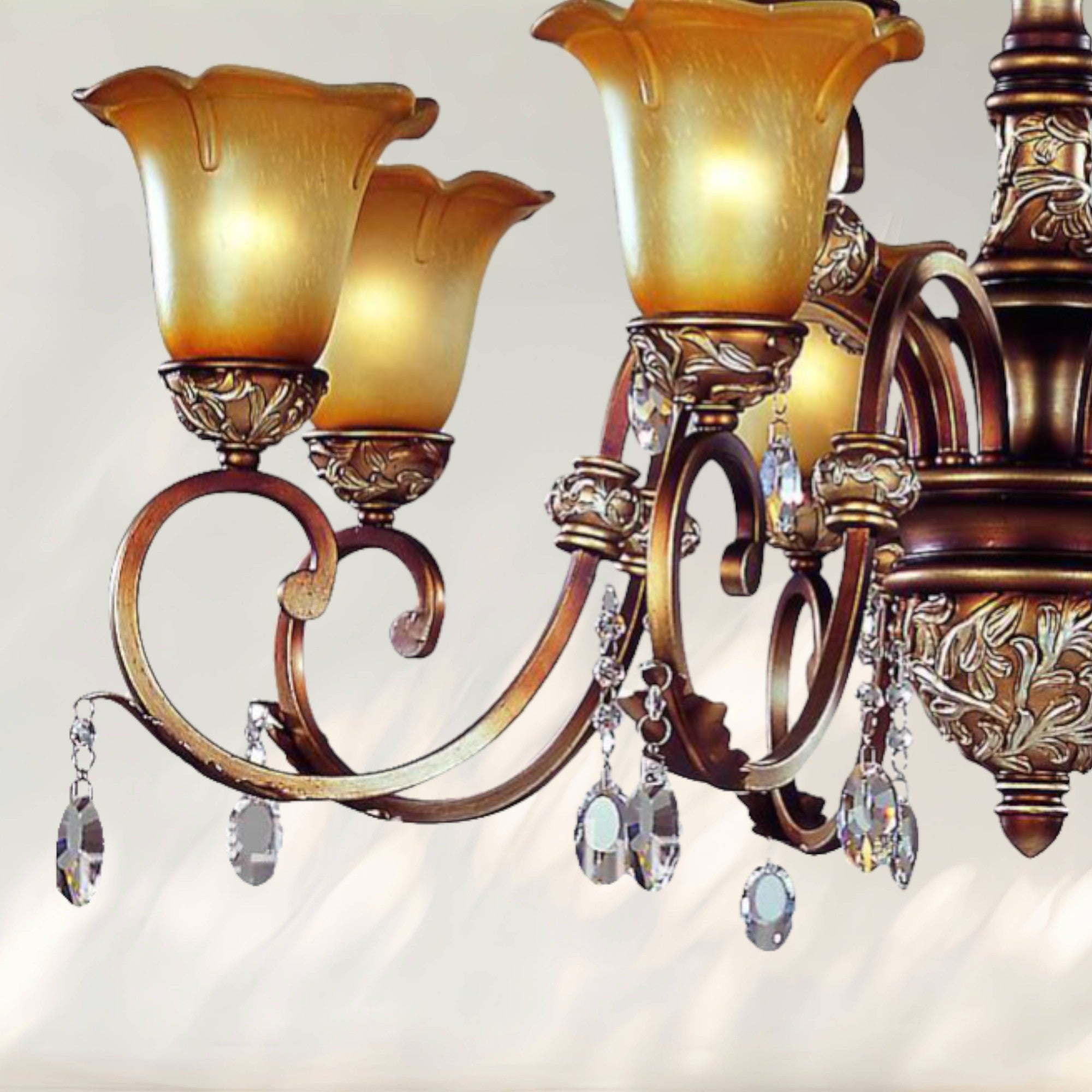 9-Light Traditional Chandelier with Amber Glass Shades and Metal Frame