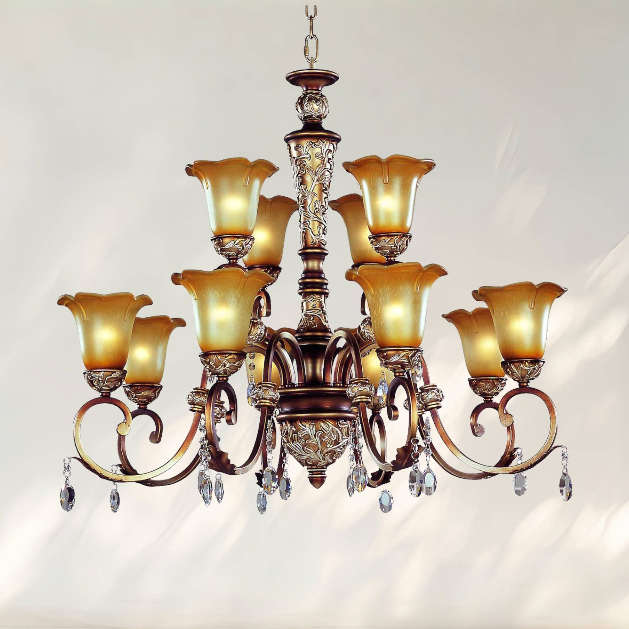 9-Light Traditional Chandelier with Amber Glass Shades and Metal Frame