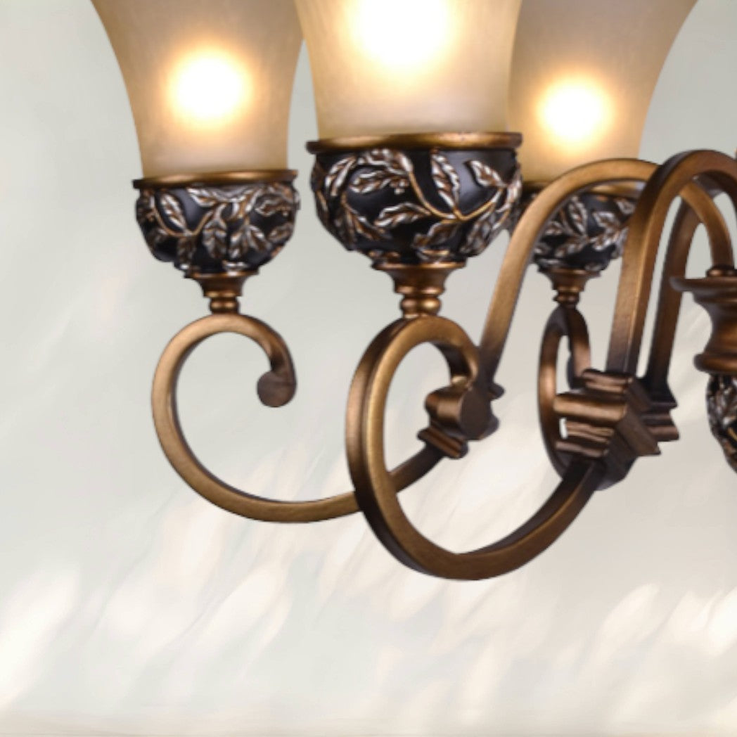 6-Light Rustic Chandelier with Cast Iron Frame and Frosted Glass Shades