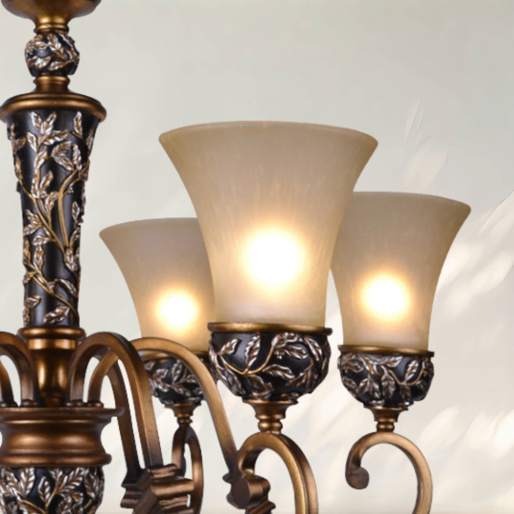 6-Light Rustic Chandelier with Cast Iron Frame and Frosted Glass Shades