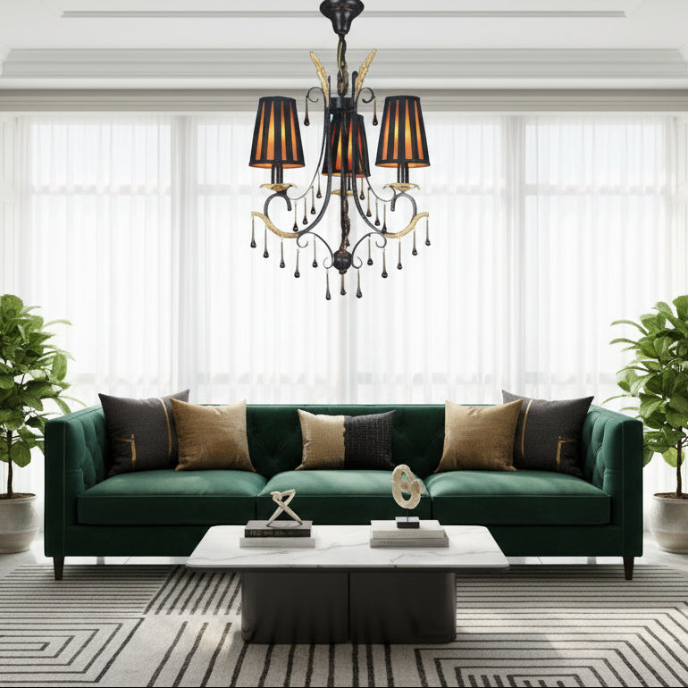 Traditional Chandelier with Black Fabric Shades and Metal Frame