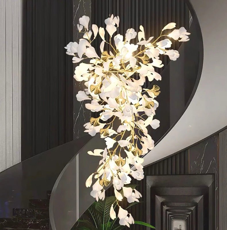 24 Light Gold Chandelier, Luxury Ginkgo Branch Chandelier for Staircase - fovolighting