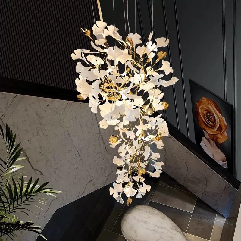 24 Light Gold Chandelier, Luxury Ginkgo Branch Chandelier for Staircase - fovolighting