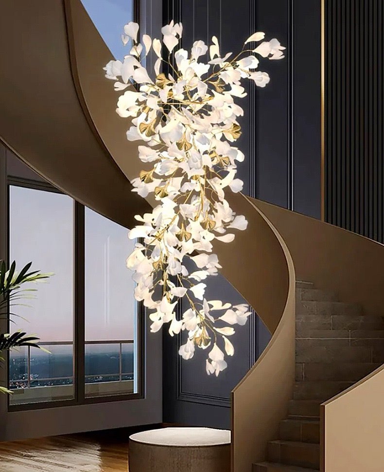 24 Light Gold Chandelier, Luxury Ginkgo Branch Chandelier for Staircase - fovolighting