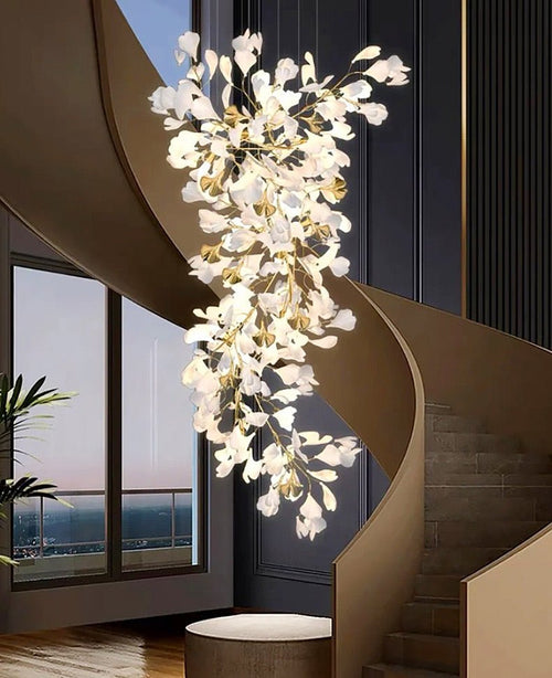 24 Light Gold Chandelier, Luxury Ginkgo Branch Chandelier for Staircase - fovolighting