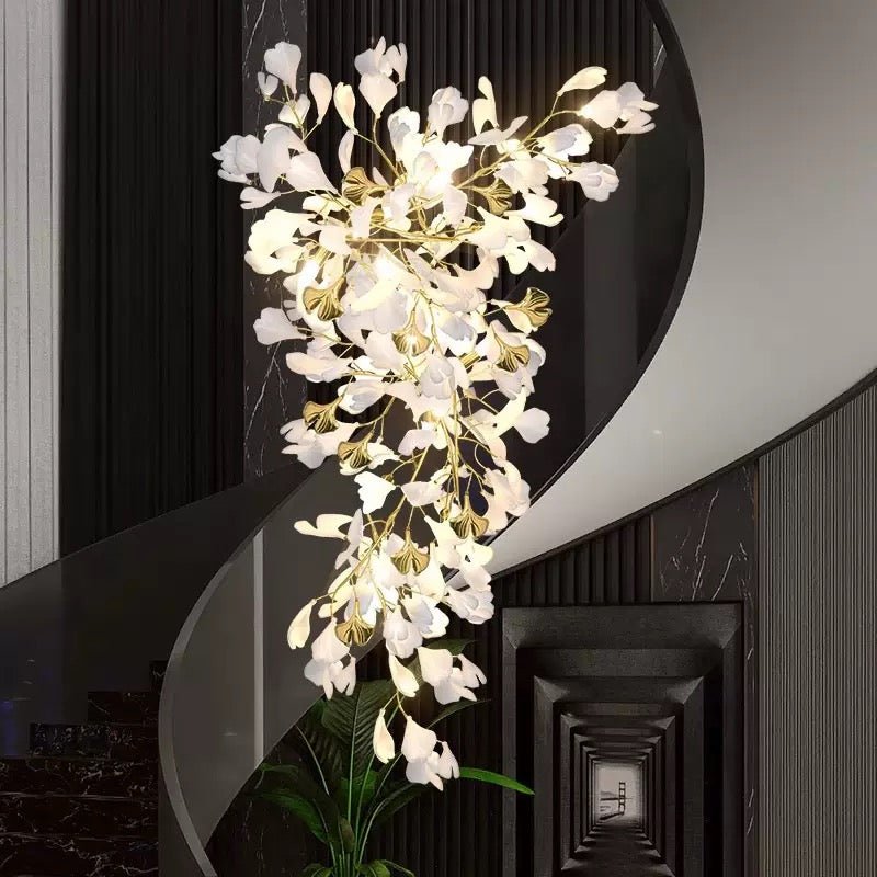 24 Light Gold Chandelier, Luxury Ginkgo Branch Chandelier for Staircase - fovolighting