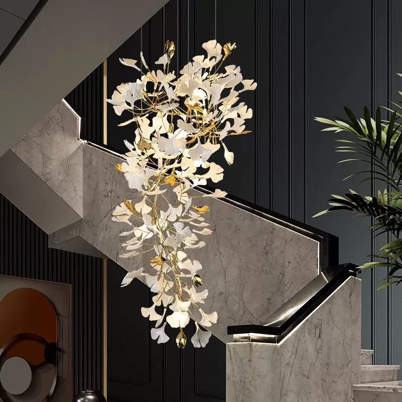 24 Light Gold Chandelier, Luxury Ginkgo Branch Chandelier for Staircase - fovolighting