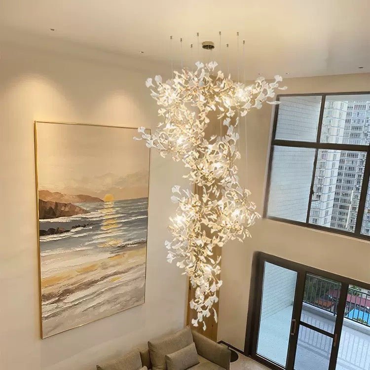 24 Light Gold Chandelier, Luxury Ginkgo Branch Chandelier for Staircase - fovolighting