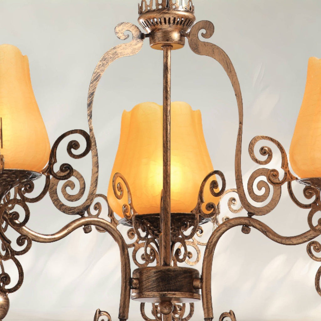 3 - Light Traditional Chandelier with Amber Glass Shades and Metal Frame - fovolighting