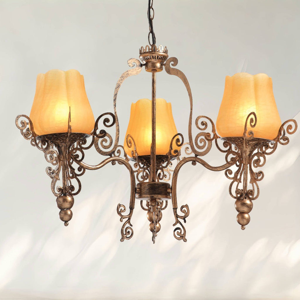 3 - Light Traditional Chandelier with Amber Glass Shades and Metal Frame - fovolighting