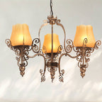 3 - Light Traditional Chandelier with Amber Glass Shades and Metal Frame - fovolighting