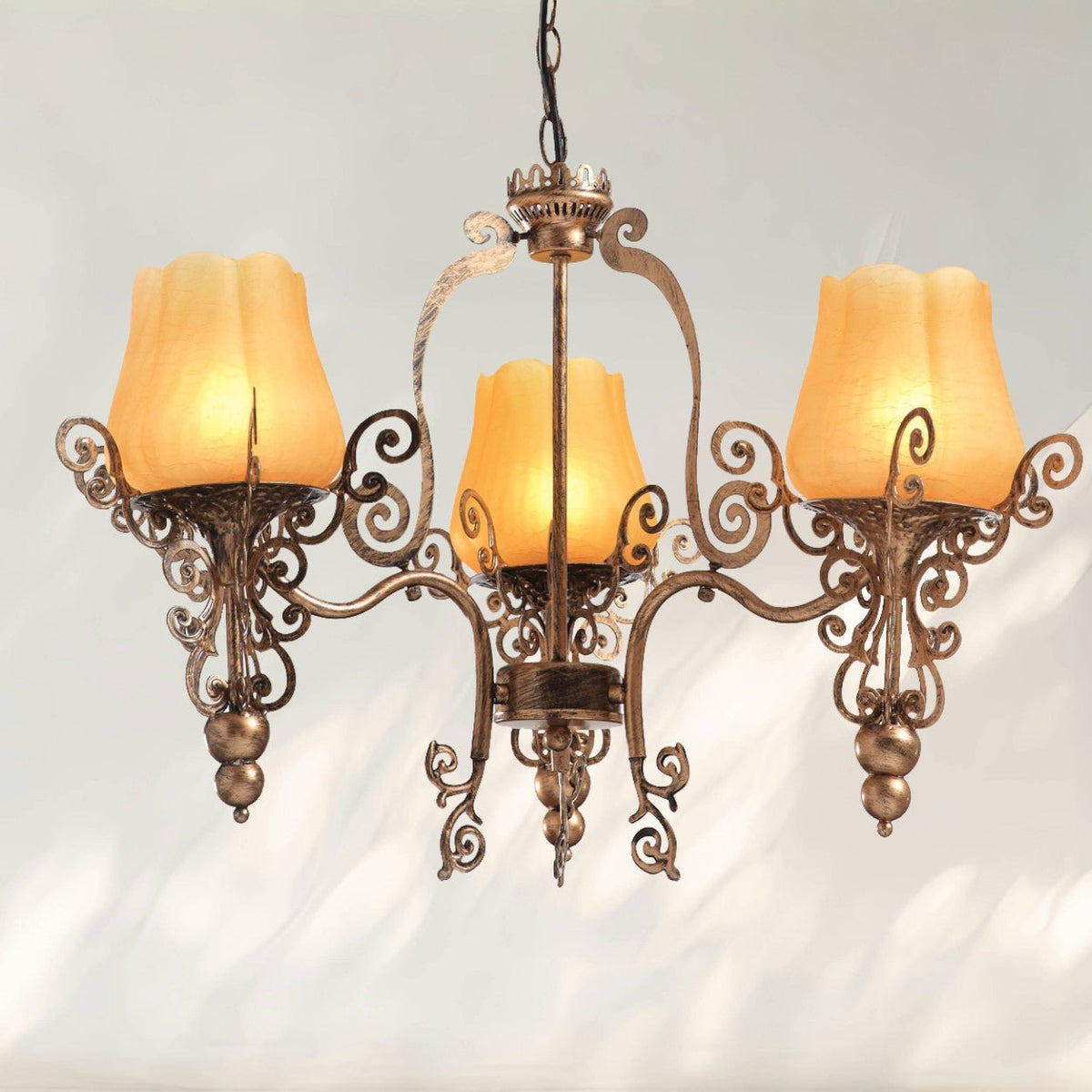 3 - Light Traditional Chandelier with Amber Glass Shades and Metal Frame - fovolighting