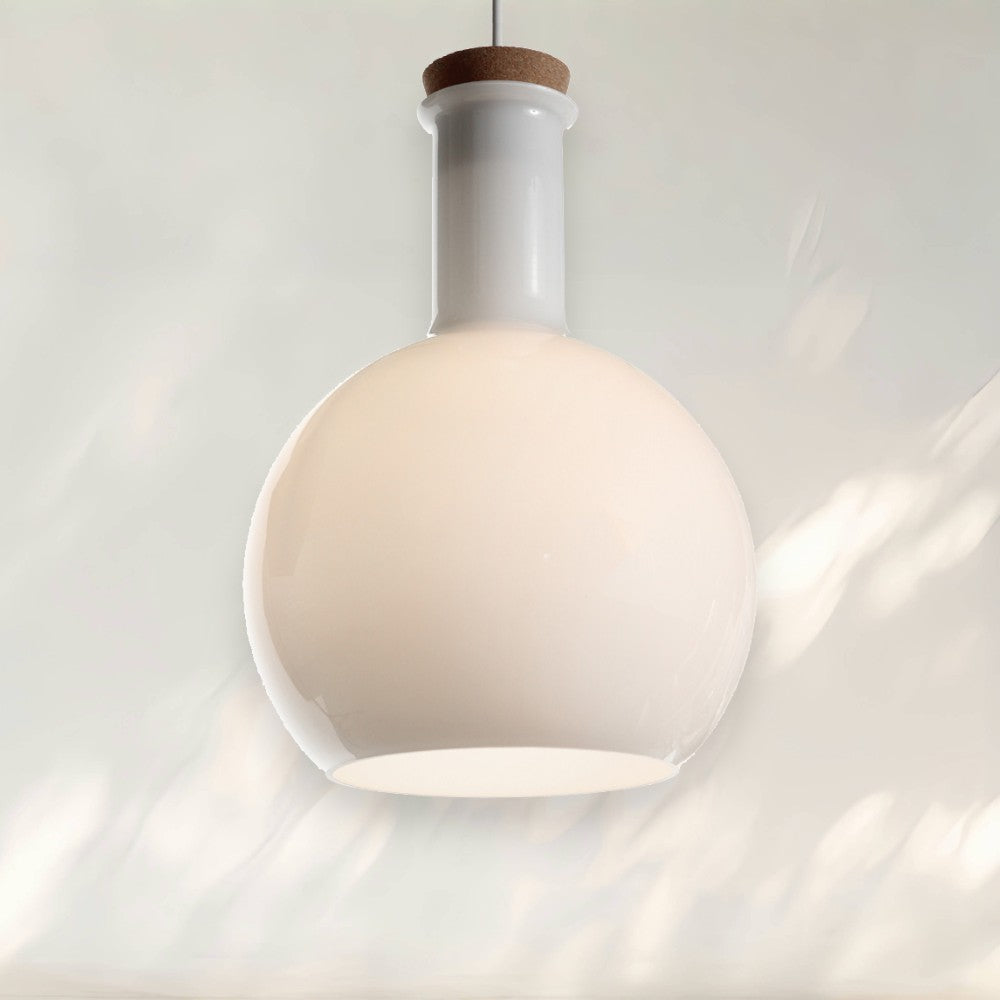 Modern Pendant Light with White Glass Shade and Wooden Detail