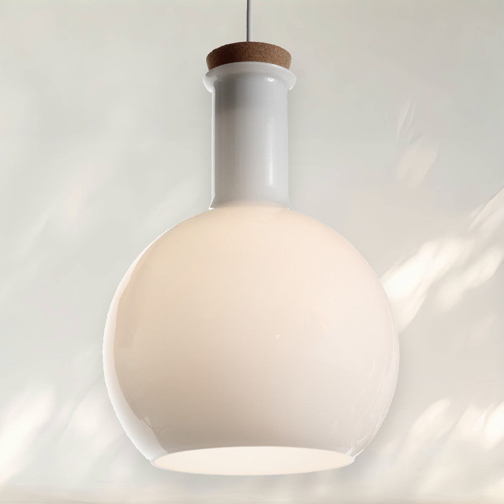 Modern Pendant Light with White Glass Shade and Wooden Detail