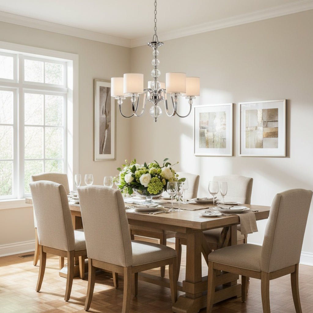 5 - Light Modern Chandelier with Chrome Finish and White Fabric Shades - fovolighting