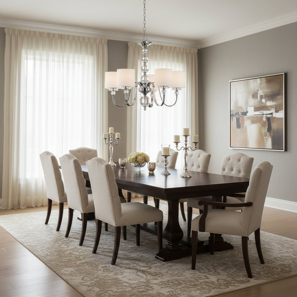 5 - Light Modern Chandelier with Chrome Finish and White Fabric Shades - fovolighting