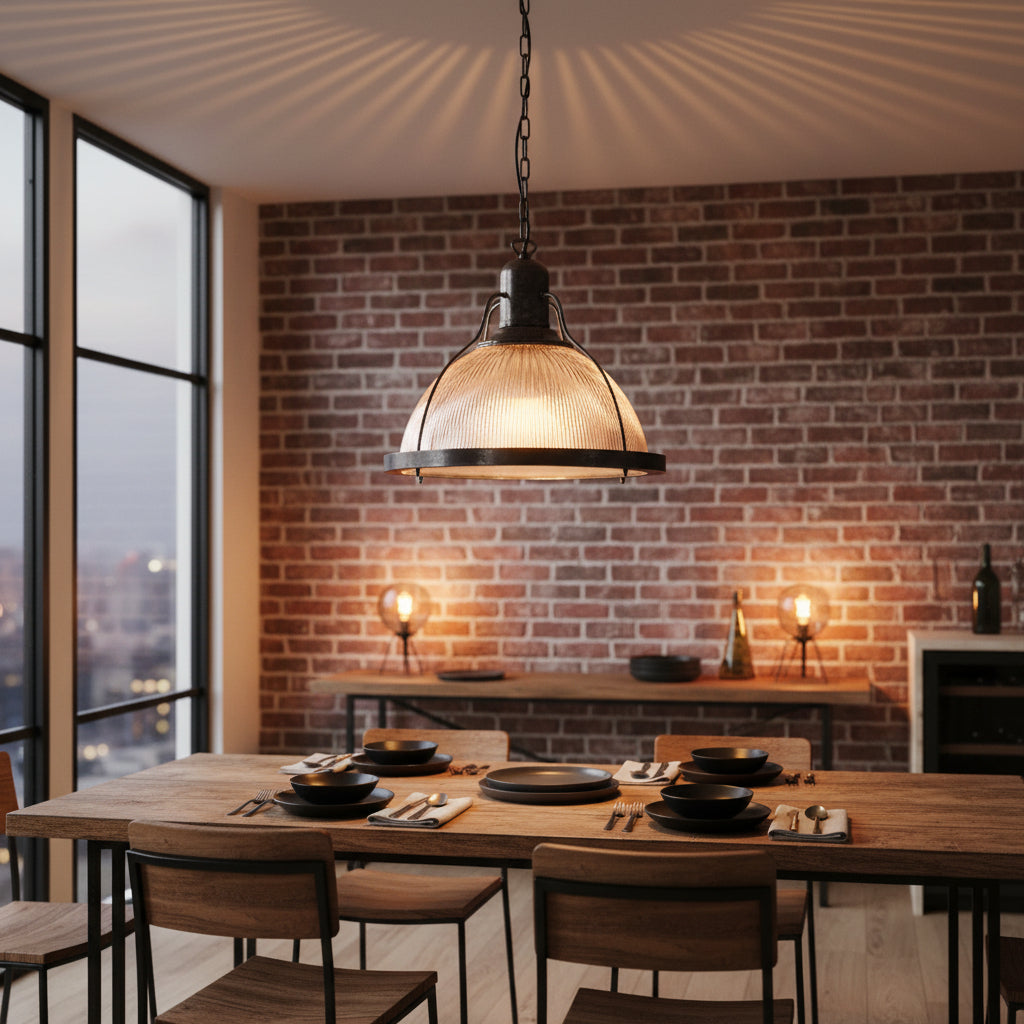 Industrial Pendant Light with Ribbed Glass Shade and Black Metal Frame