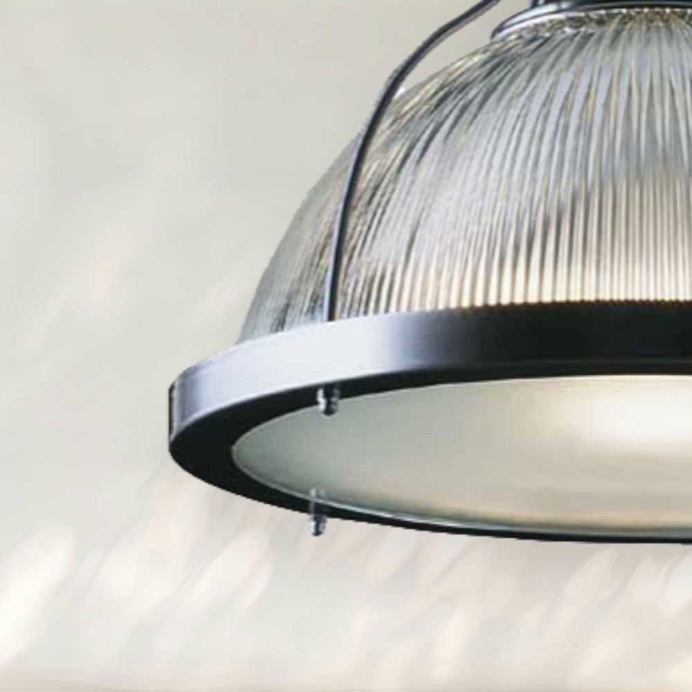 Industrial Pendant Light with Ribbed Glass Shade and Black Metal Frame