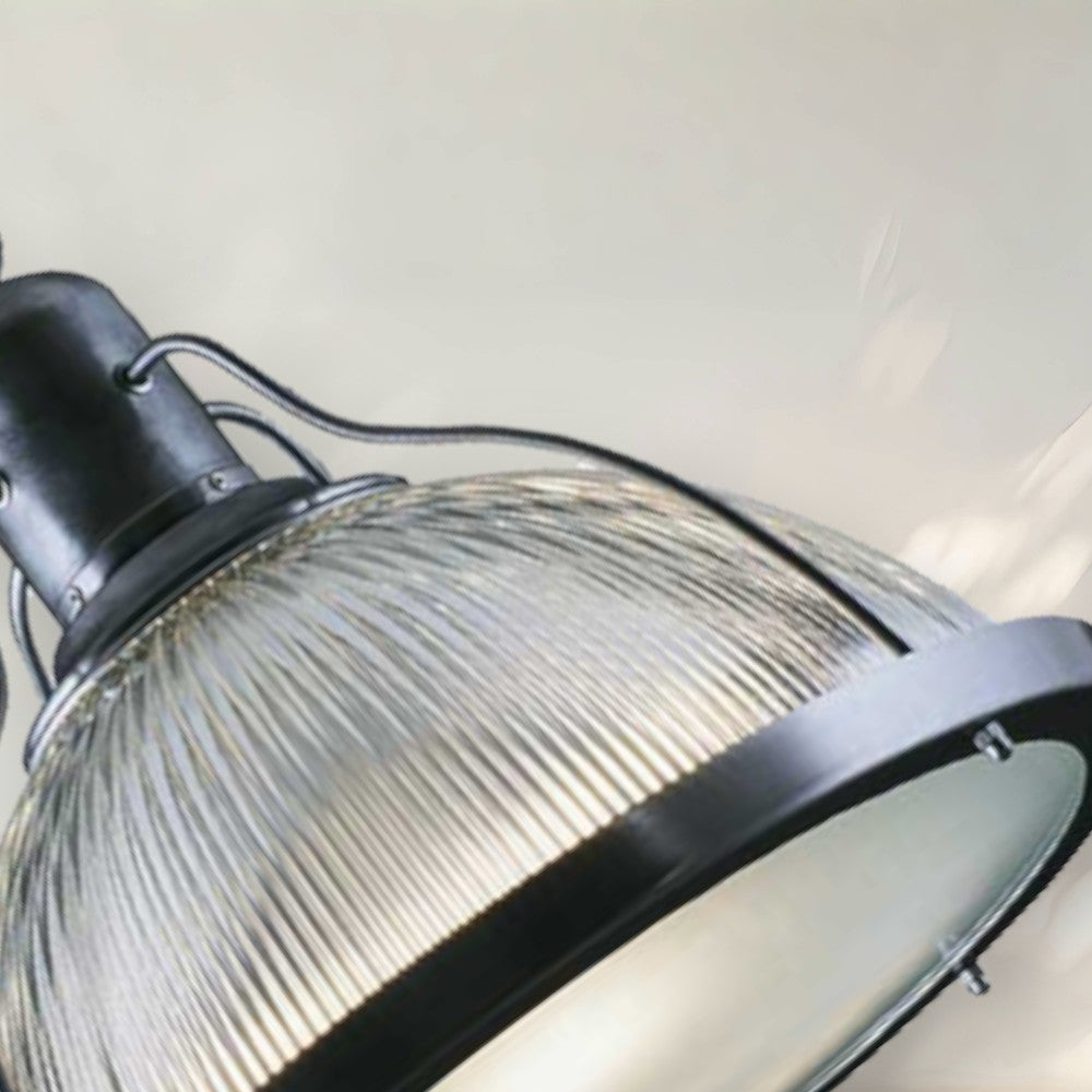 Industrial Pendant Light with Ribbed Glass Shade and Black Metal Frame