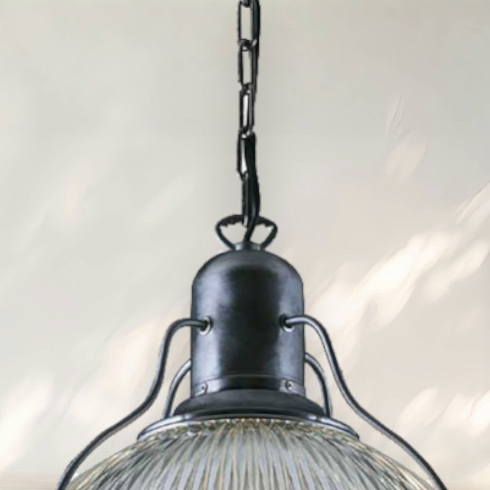 Industrial Pendant Light with Ribbed Glass Shade and Black Metal Frame