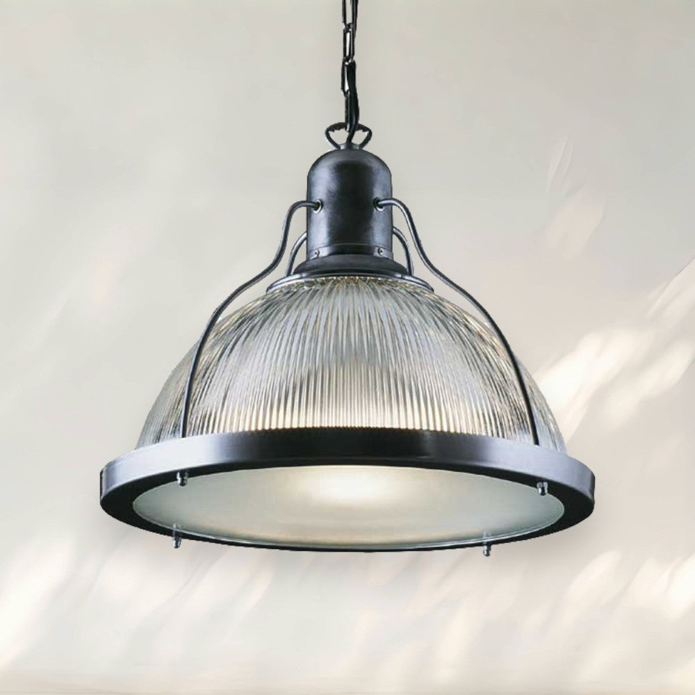 Industrial Pendant Light with Ribbed Glass Shade and Black Metal Frame