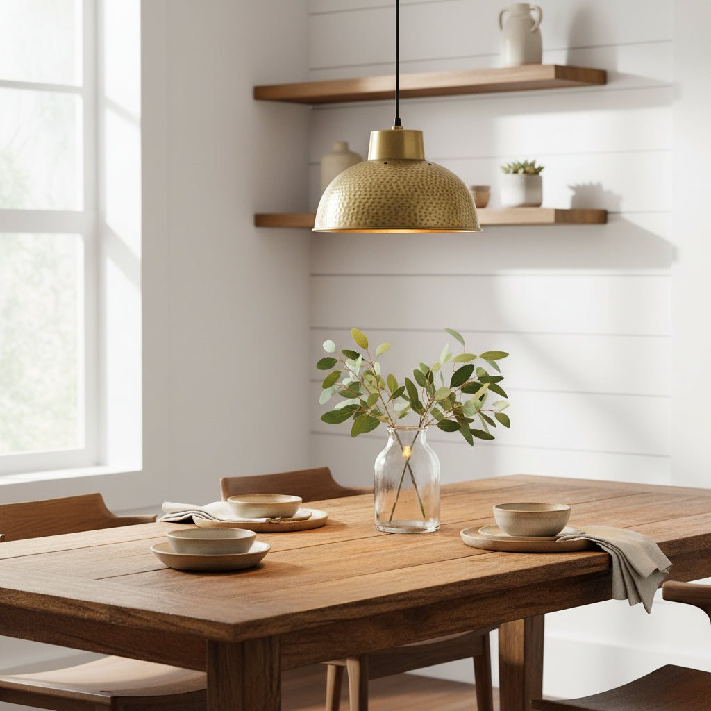 Industrial Pendant Light with Hammered Brass Shade and Adjustable Hanging Length