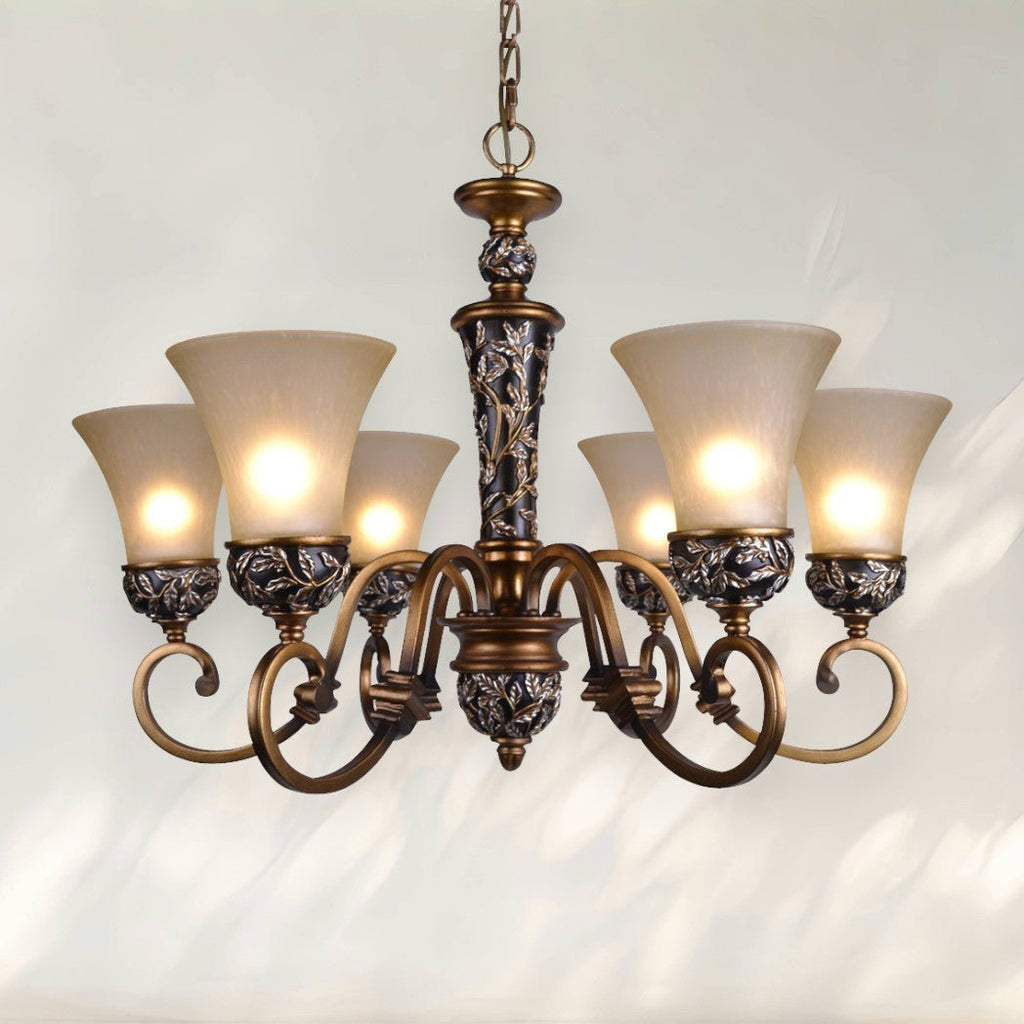 6 - Light Rustic Chandelier with Cast Iron Frame and Frosted Glass Shades - fovolighting