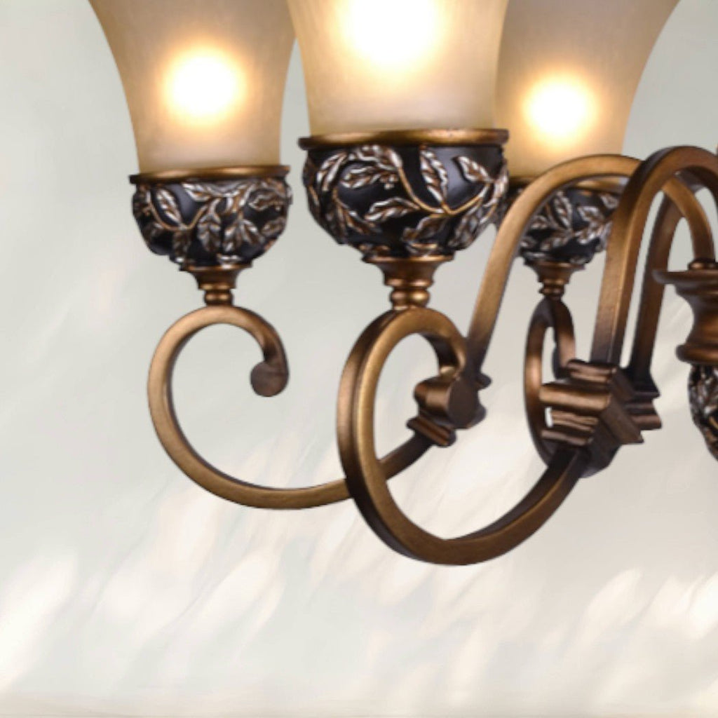 6 - Light Rustic Chandelier with Cast Iron Frame and Frosted Glass Shades - fovolighting