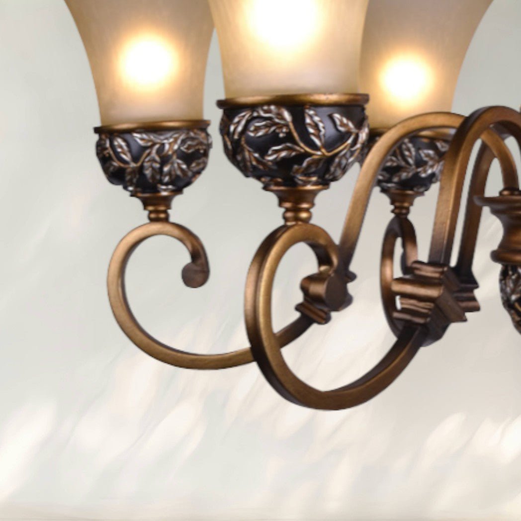 6 - Light Rustic Chandelier with Cast Iron Frame and Frosted Glass Shades - fovolighting