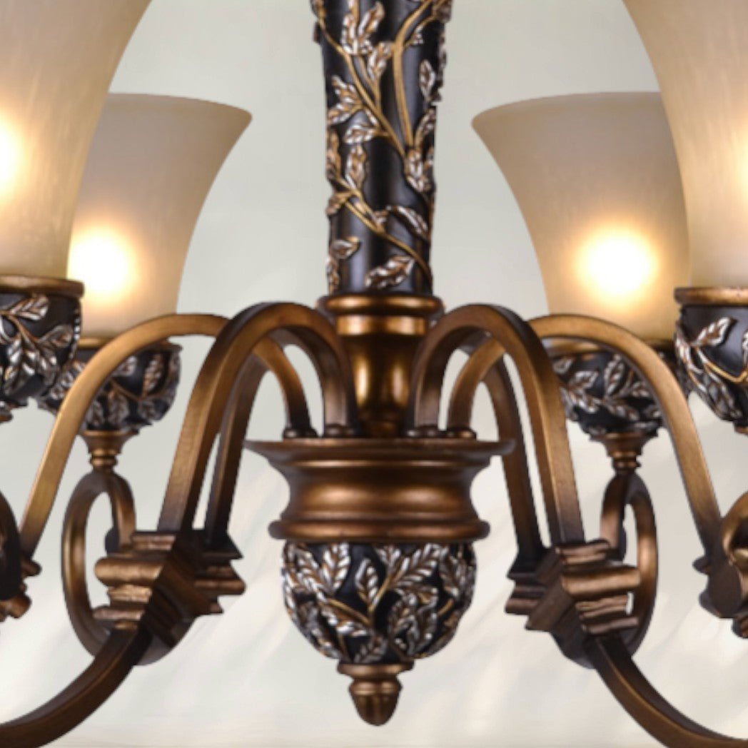 6 - Light Rustic Chandelier with Cast Iron Frame and Frosted Glass Shades - fovolighting