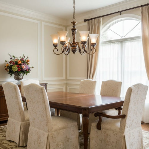 6 - Light Rustic Chandelier with Cast Iron Frame and Frosted Glass Shades - fovolighting