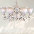 6 - Light Traditional Chandelier with White Glass Shades and Decorative Metal Frame - fovolighting