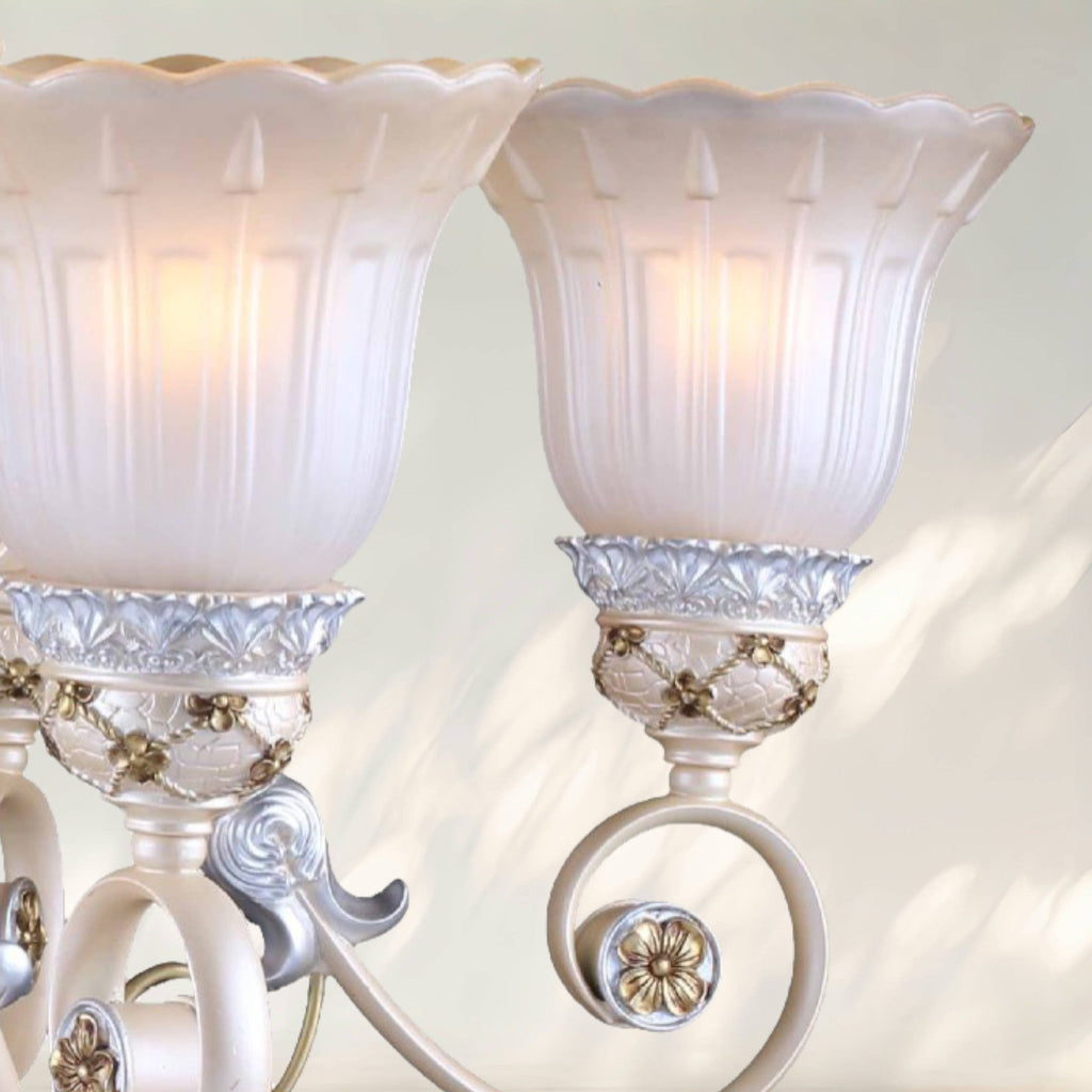 6 - Light Traditional Chandelier with White Glass Shades and Decorative Metal Frame - fovolighting