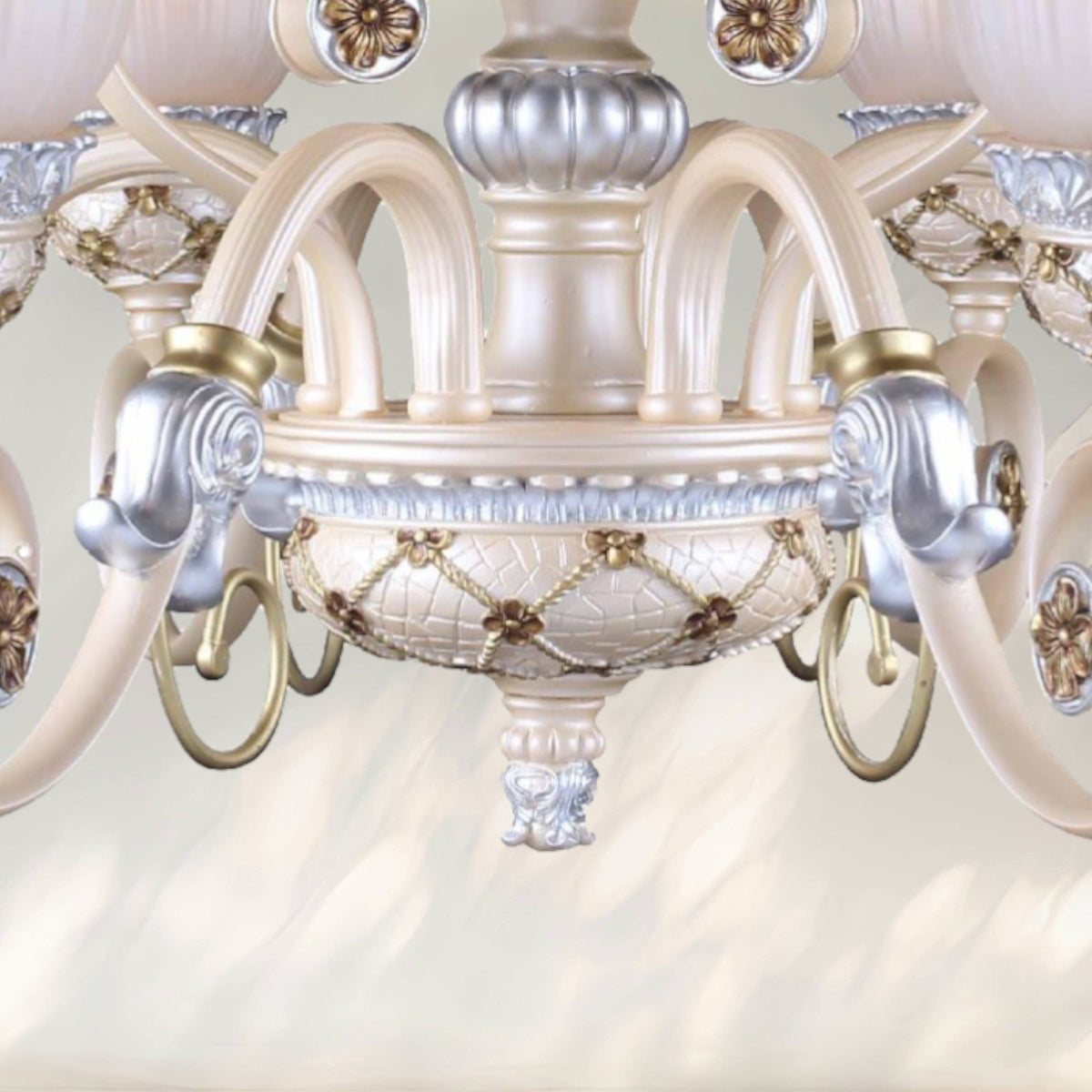 6 - Light Traditional Chandelier with White Glass Shades and Decorative Metal Frame - fovolighting
