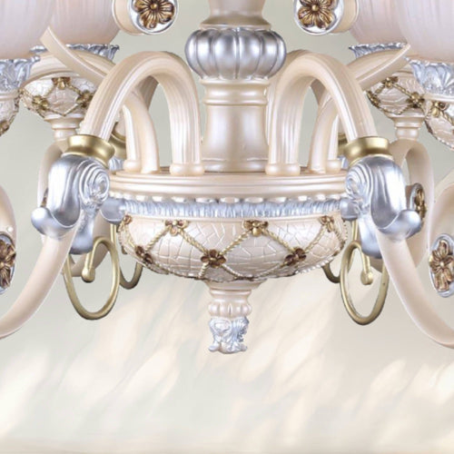 6 - Light Traditional Chandelier with White Glass Shades and Decorative Metal Frame - fovolighting