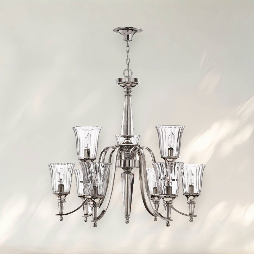8 - Light Modern Chandelier with Clear Glass Shades and Chrome Finish - fovolighting