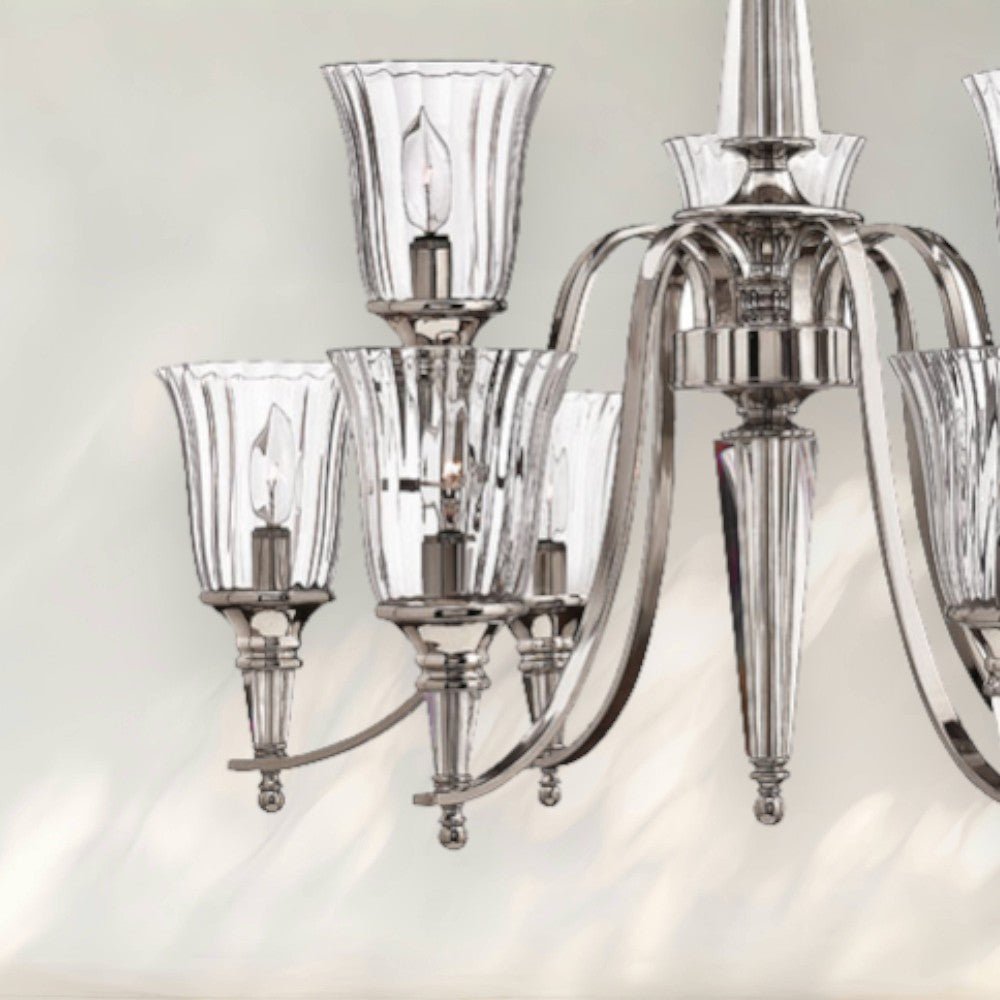 8 - Light Modern Chandelier with Clear Glass Shades and Chrome Finish - fovolighting