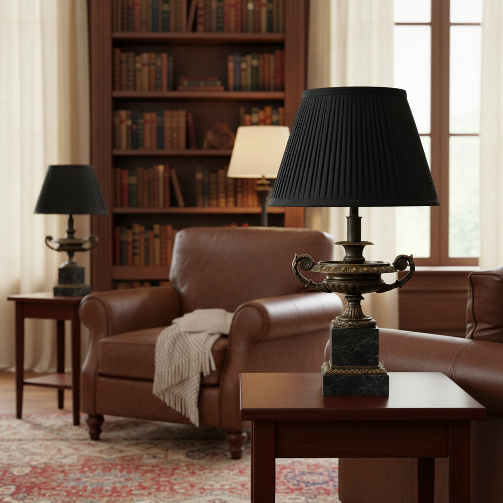 Classic Table Lamp with Black Pleated Shade and Marble Base