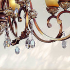 9 - Light Traditional Chandelier with Amber Glass Shades and Metal Frame - fovolighting