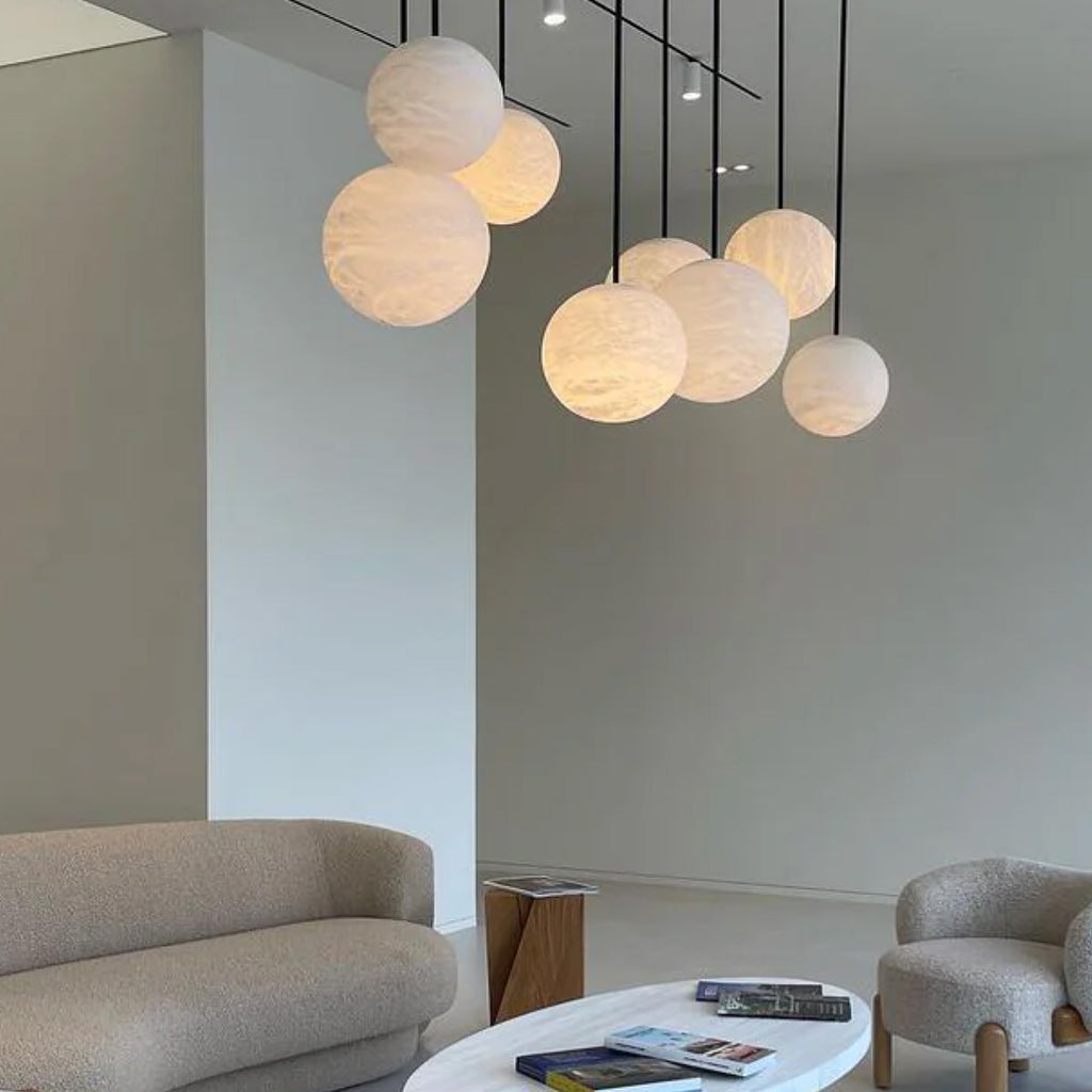 Nami Alabaster Sphere Staircase Chandelier Brass Multi Pendant Light