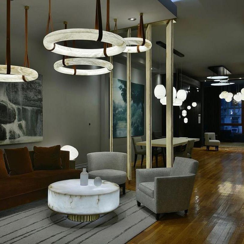 Annie Alabaster Pendant, Modern Chandelier with Leather Hook - fovolighting