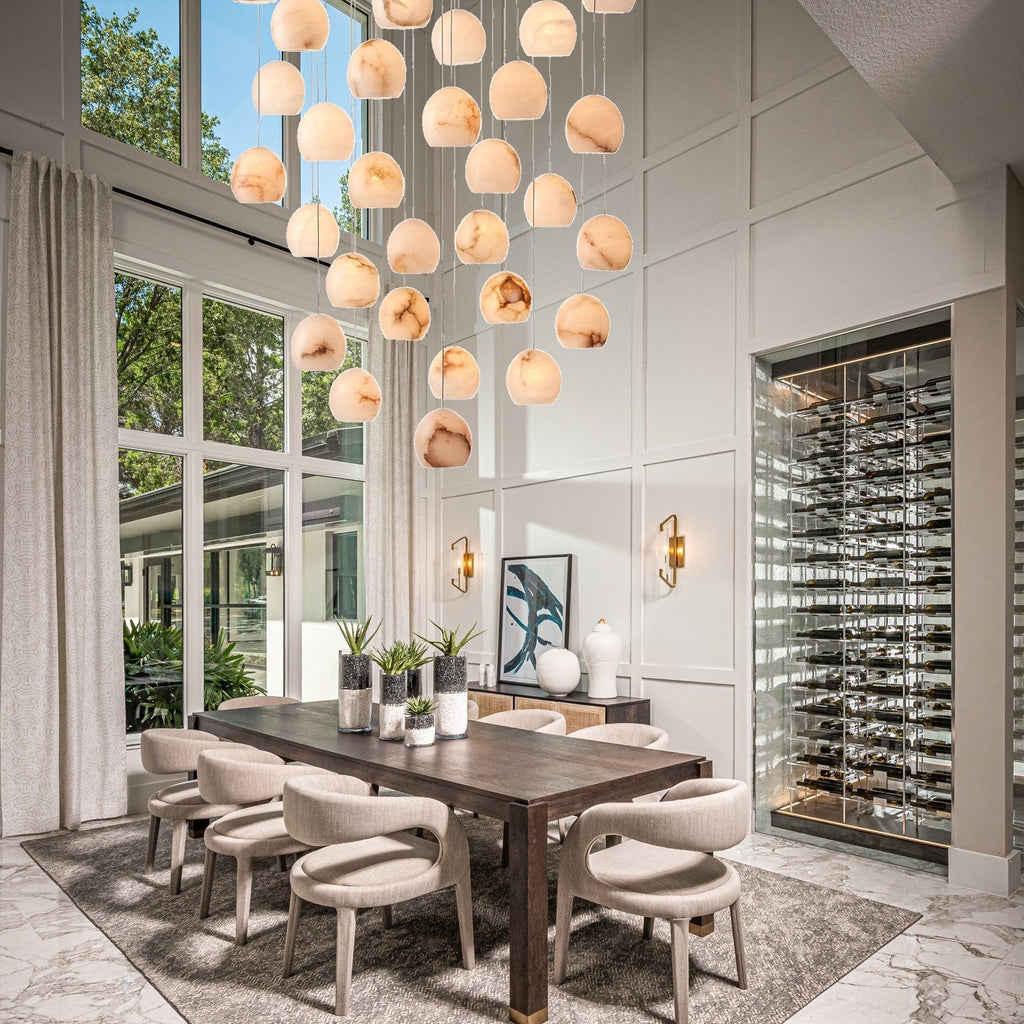 Arica Round Gold Chandelier with Natural Alabaster Stone Shades, Chandelier for High Ceiling - fovolighting