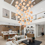 Arica Round Gold Chandelier with Natural Alabaster Stone Shades, Chandelier for High Ceiling - fovolighting