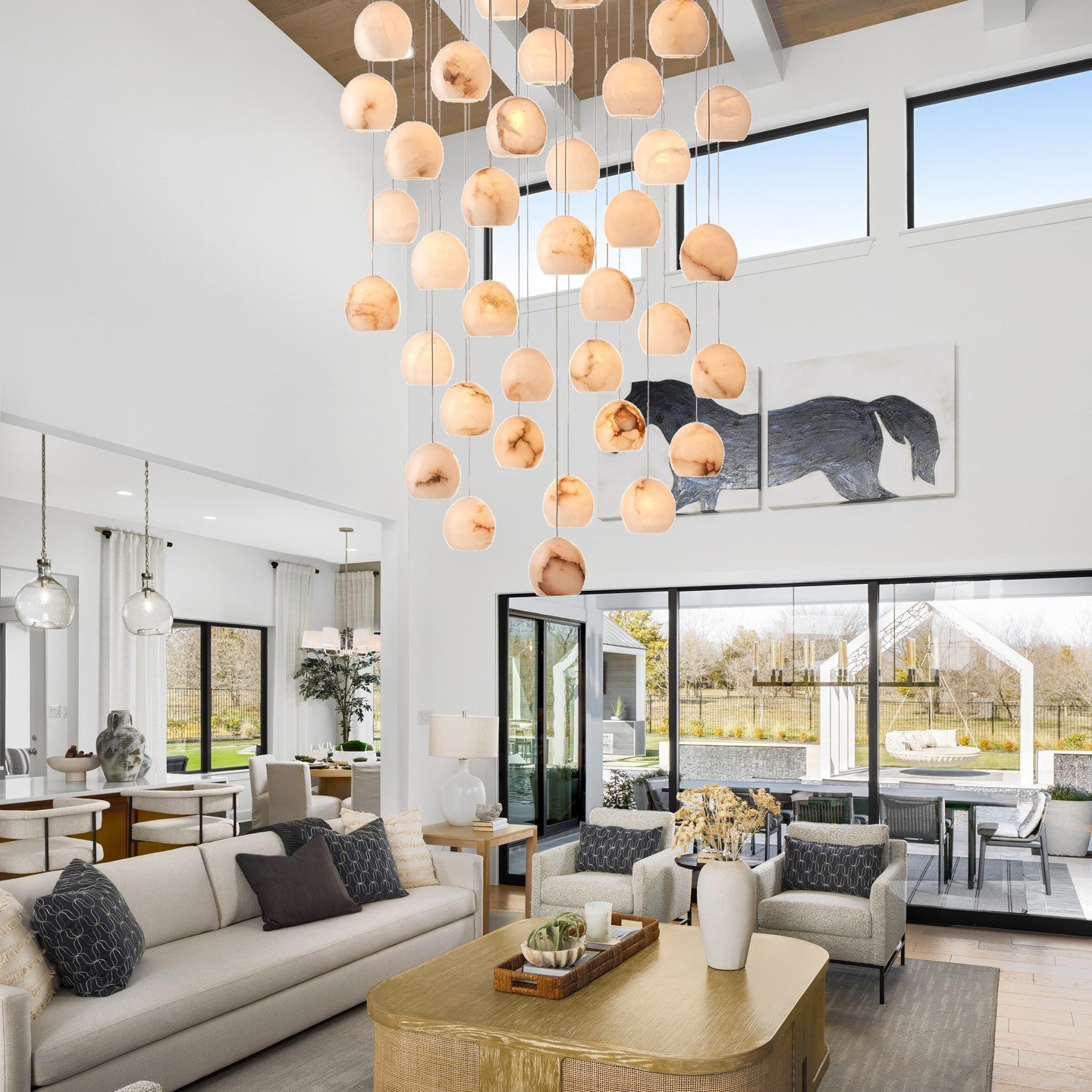 Arica Round Gold Chandelier with Natural Alabaster Stone Shades, Chandelier for High Ceiling - fovolighting