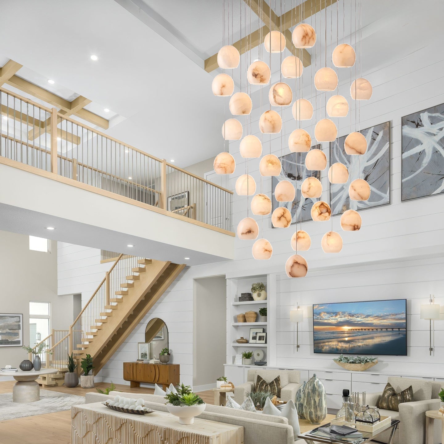 Arica Round Gold Chandelier with Natural Alabaster Stone Shades, Chandelier for High Ceiling - fovolighting